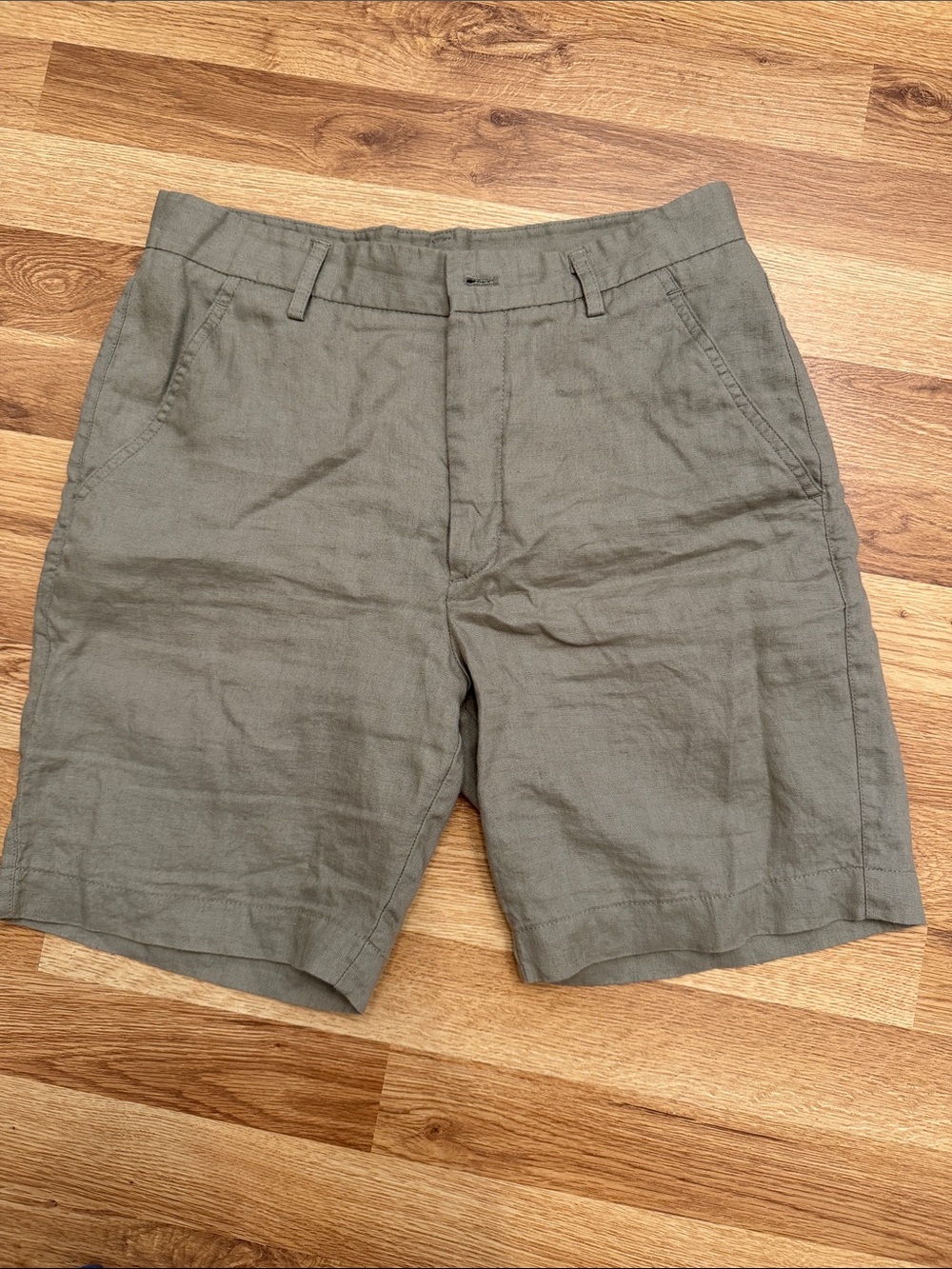 Zara Men's Olive Green Flat Front Linen-Blend Shorts